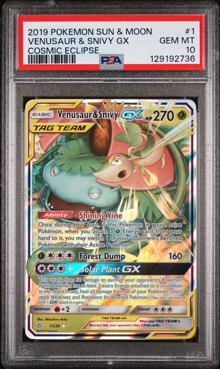 Venusaur & Snivy GX 1/236 Cosmic Eclipse EN PSA 10