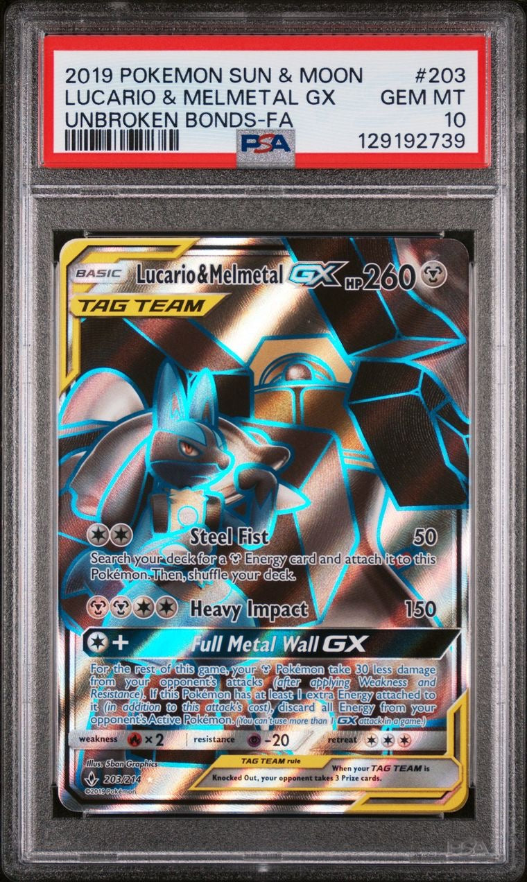 Lucario & Melmetal GX Full Art 203/214 Unbroken Bonds EN PSA 10