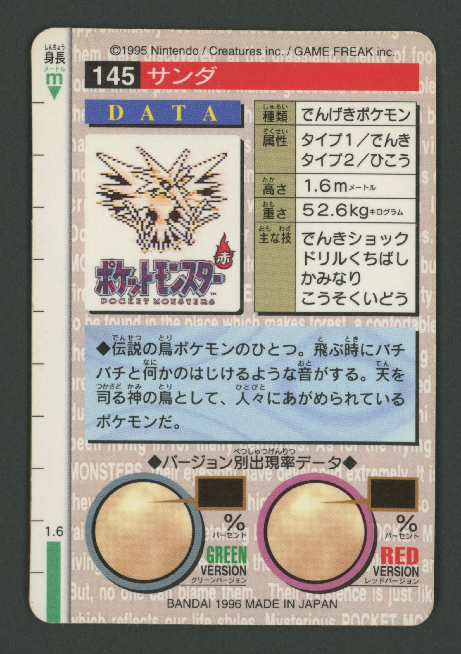 Zapdos Holo no.145 Carddass JAP A