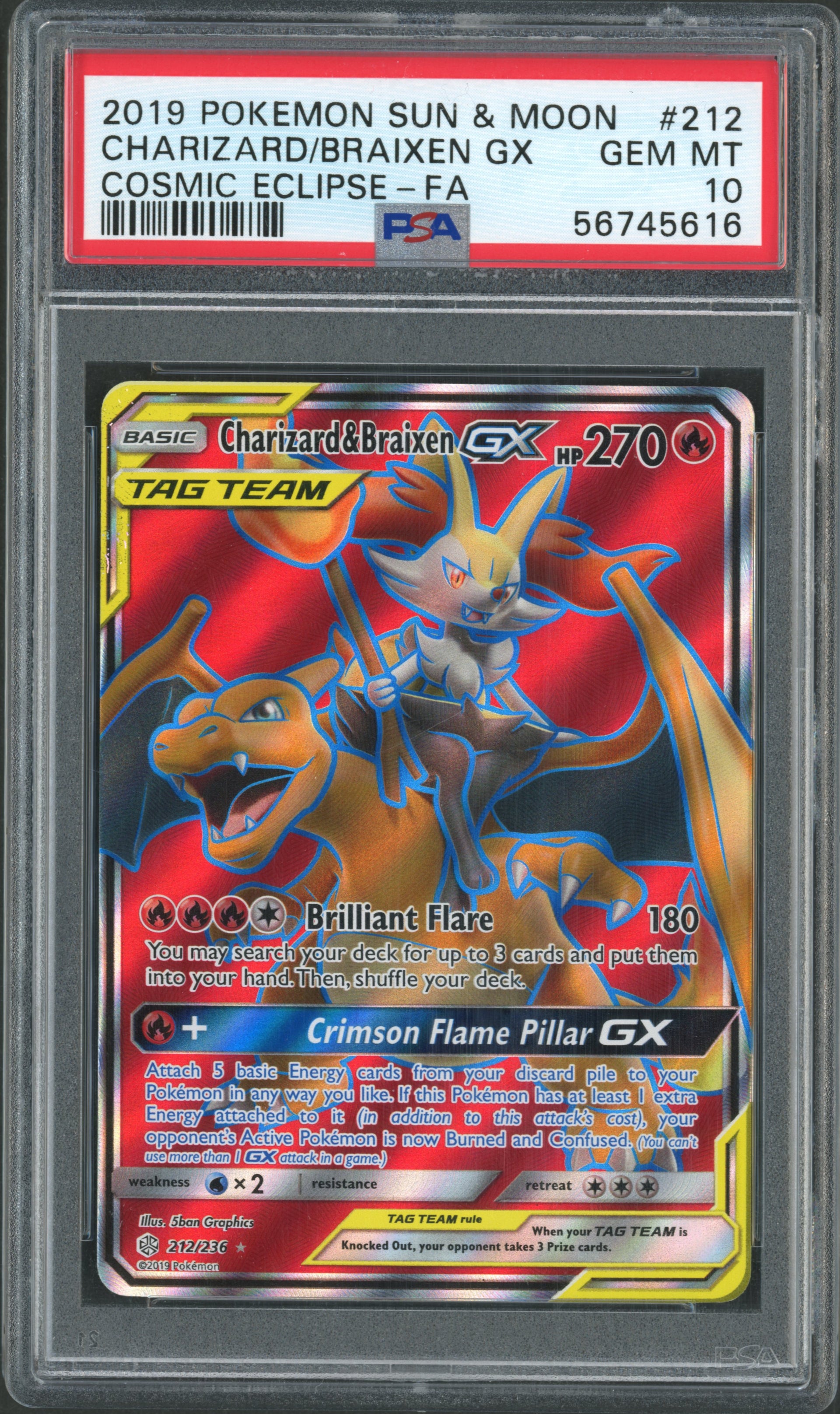 Charizard & Braixen GX Full Art 212/236 Cosmic Eclipse EN PSA 10